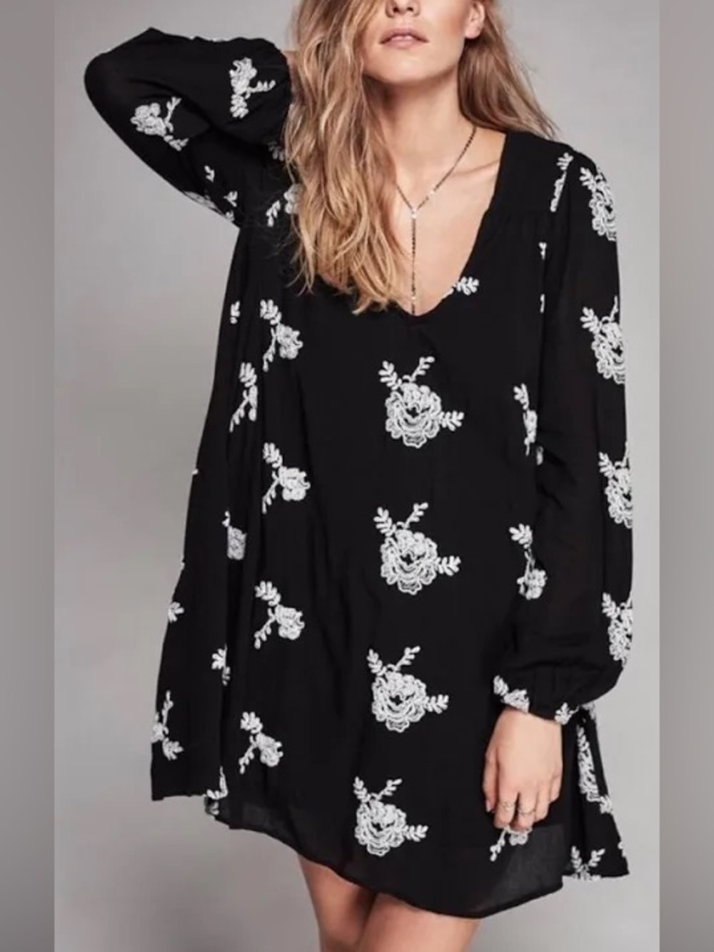 Free People Emma Embroidered Dress Black & White Boho Lined Pockets Medium